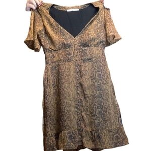Abercrombie Y2K Dress Sz XS Babydoll Snake Print Button Ruffle Tie Brown